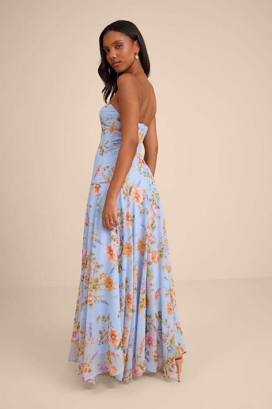 NWT Lulus Alandria Light Blue Floral Strapless Drop Waist Maxi Dress L